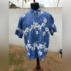 PreOwned Reyn Spooner Hawaiian Print Blue/White 3/4 Button Men's XL